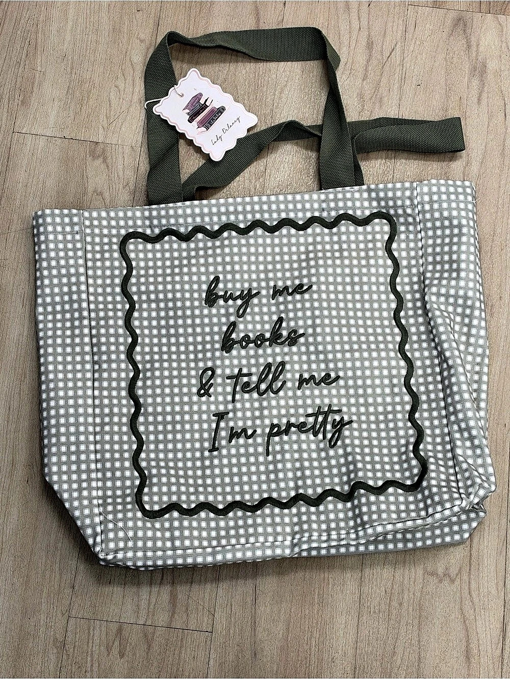 Lady Delaney Buy Me Books & Tell Me I'm Pretty Gingham Canvas Tote Bag Tote Gray